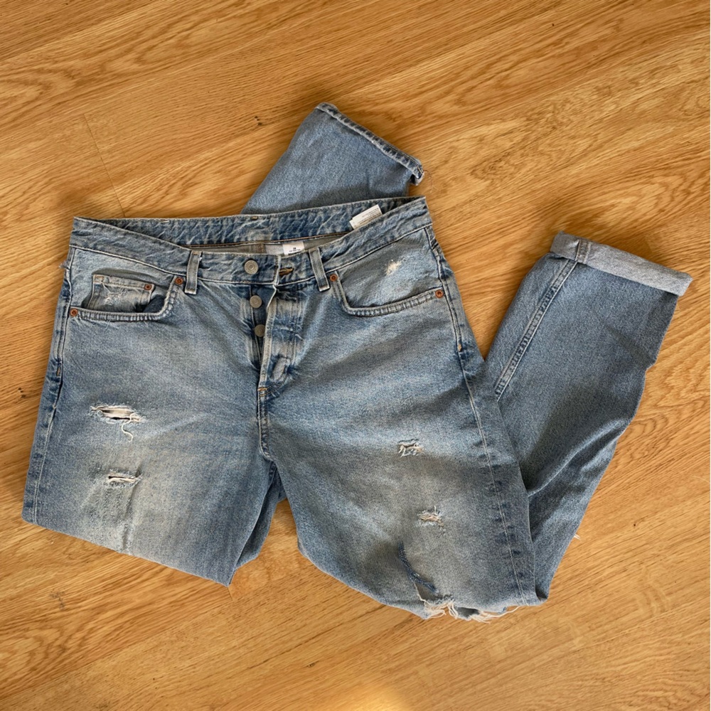 H&M &Denim Boyfriend Jeans Low Waist Distressed Ripped Blue Size 28 05343577